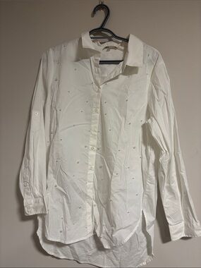 Calvin Klein White Long-Sleeve Button-Down Shirt with Pearl Studs
